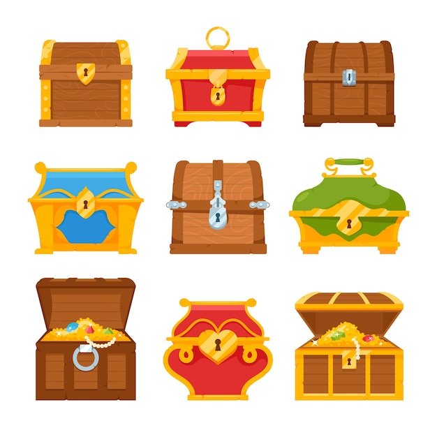 Set of Treasure Chests Fantasy Pirate Wooden Boxes With Golden Coins Jewelry Gems Ancient Medieval Treasury Collection Winning Prize Symbols Money Abundance Isolated Cartoon Vector Illustration