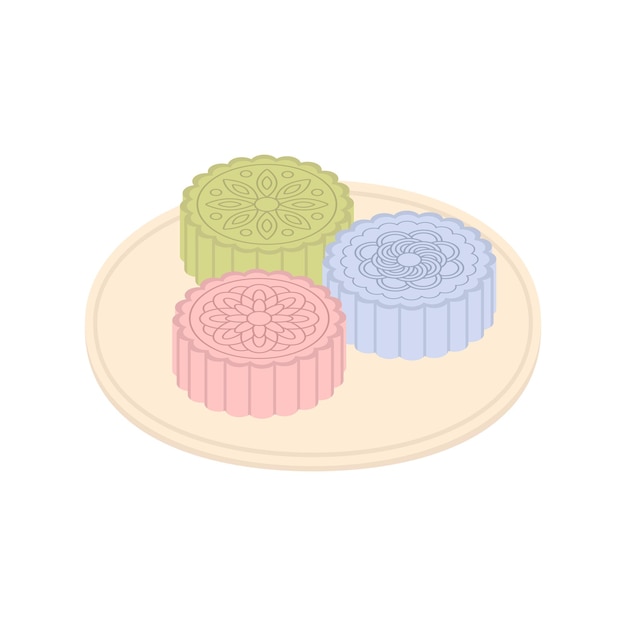 Set of tree colorful Chinese mooncakes on a plate. Asian dessert vector illustration