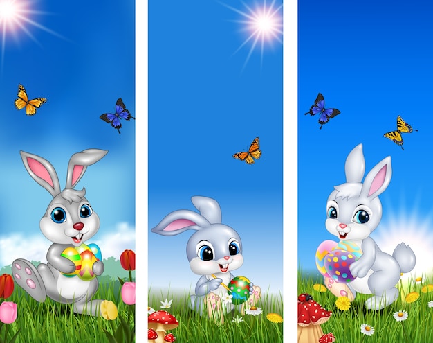 Set of tree easter background with rabbit and easter egg