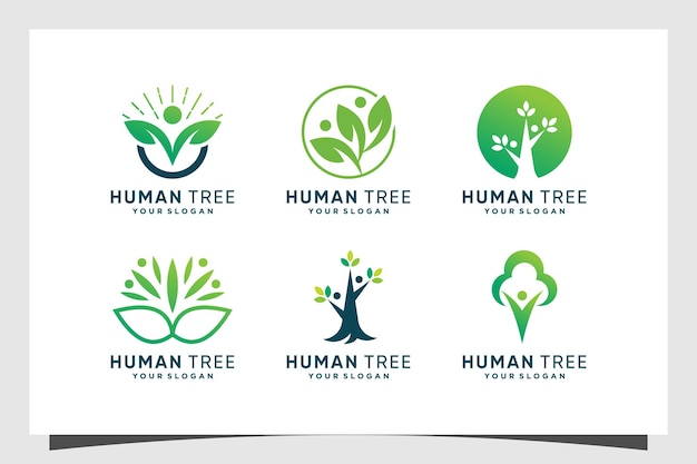 Set di design del logo dell'albero con il concetto umano vettore premium