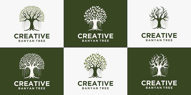 セット木のロゴは、生命、美しさ、成長、ガーデニング、またはエコグリーンビジネスの緑豊かな木のシンボルです。