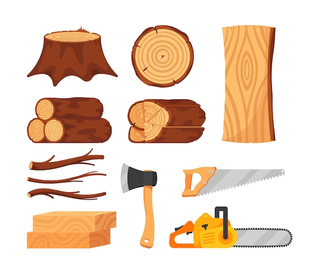 Set of Tree Logs Wooden Planks and Tools Timbers and Woodcutter Instruments Chainsaw Saw Axe Tree Branches Heap