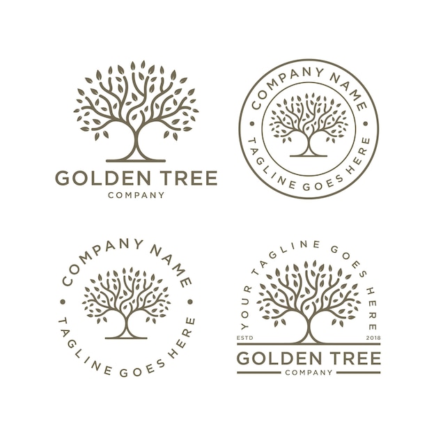 Vettore set di albero di quercia banyan maple emblem logo design template vettoriale