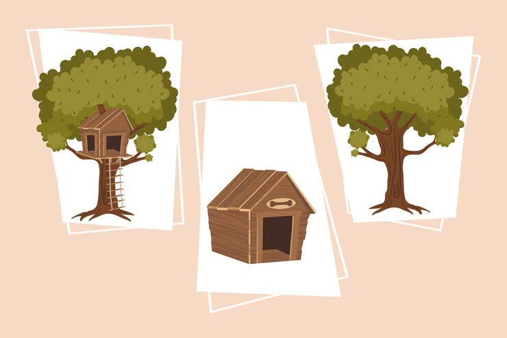 Vector set of tree plants and dog house icons