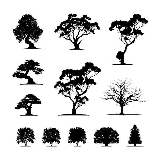 Vettore insieme dell'illustrazione di vettore della siluetta dell'albero