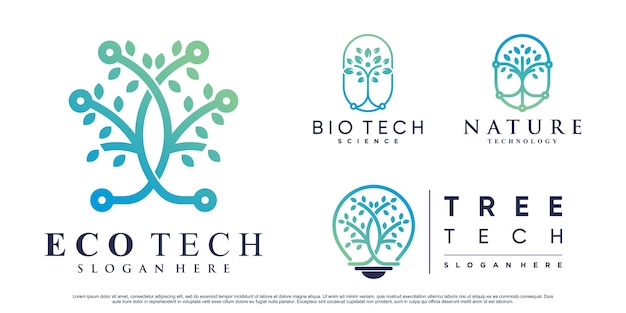 Набор шаблонов дизайна цифрового логотипа tree tech с креативной концепцией Premium векторы