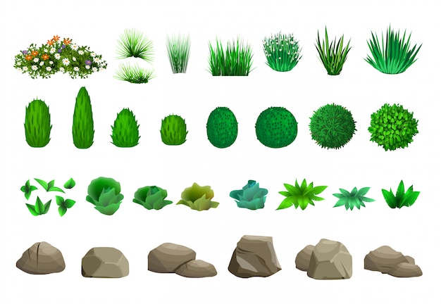 Vector set of trees bushes and stones