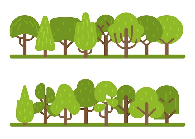 Insieme degli alberi. raccolta di vari parchi e foreste verdi, raccolta di alberi in stile piatto moderno per la progettazione di composizioni architettoniche, simbolo di eco organico, illustrazione isolata di vettore del fumetto