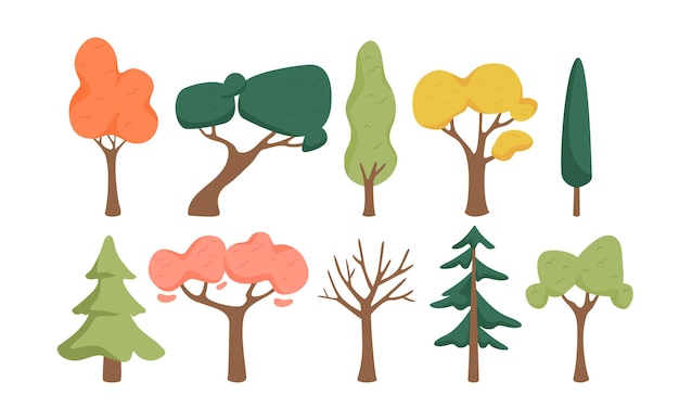 Vector set of trees colorful plants of different season woods with green yellow red and pink foliage