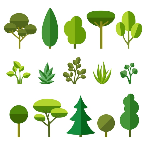 Set of trees grass and bushes isolated on white background Flat style vector illustration