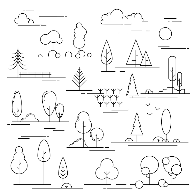 Vector set of trees in a linear style elements of nature and landscape