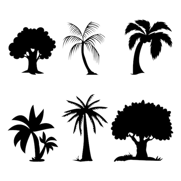 Set of trees and plant silhouette