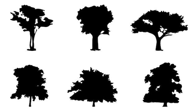 Vettore insieme della siluetta degli alberi isolata su priorità bassa bianca