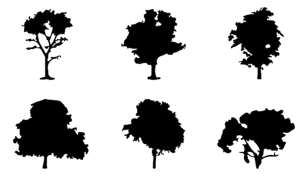 Insieme della siluetta degli alberi isolata su priorità bassa bianca