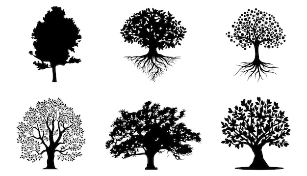 Set of trees silhouette isolated on white background