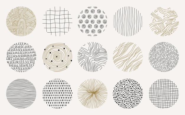 Vector set or trendy abstract golden and black rounds. hand drawn line art design elements for wallpapers with circles, spots, drops, disk in modern style. vector rounds illustration for patterns and fabric.