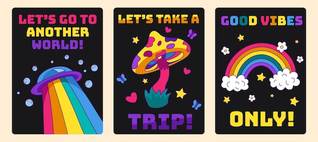 Set Trendy Acid Psychedelic Rave Posters Trippy paddo's kleurrijke regenboog en ufo
