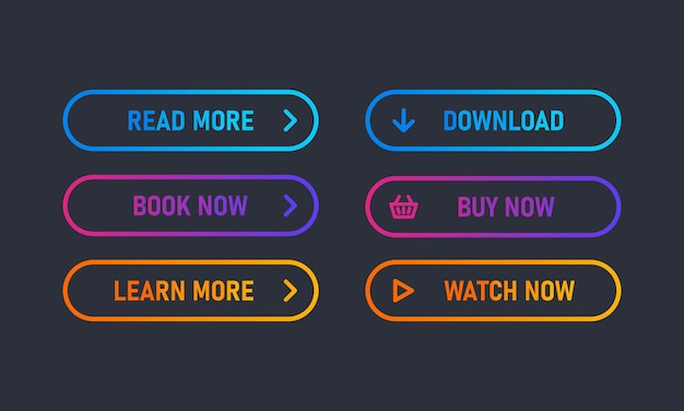 Vector set of trendy action button for web. navigation button menu. read more, download, buy now.