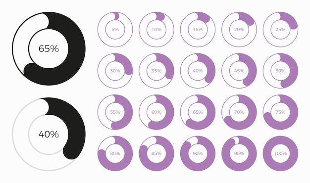 Insieme degli elementi di progettazione dei diagrammi del grafico a torta di infographic del cerchio alla moda con le percentuali