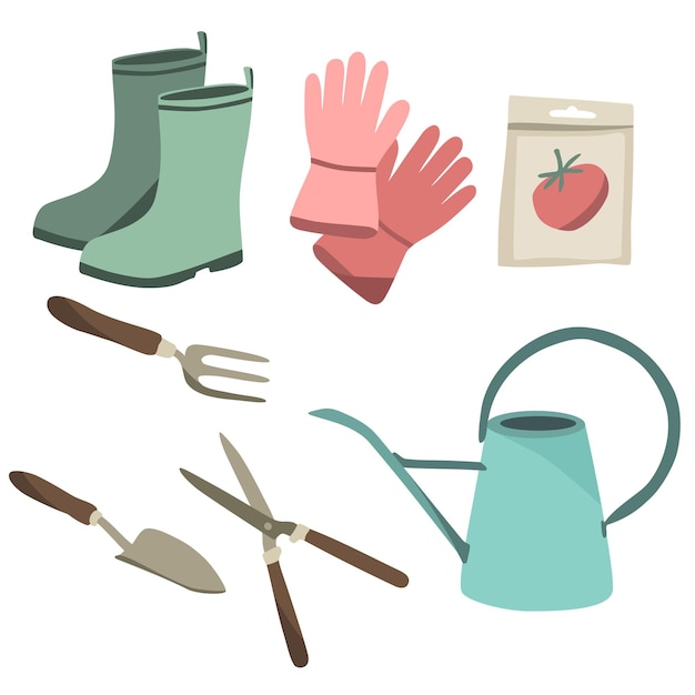 Set of trendy and cute flat design pastel color gardening tools