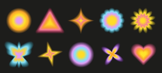 set of trendy glowing y2k design elements and symbols retro objects 2000s aesthetic group of blurred shapes