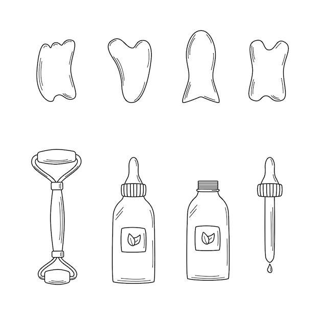 A set of trendy gua sha scrapers made of natural stone and cosmetic oil roller massager for facial care Vector illustration skin care concept