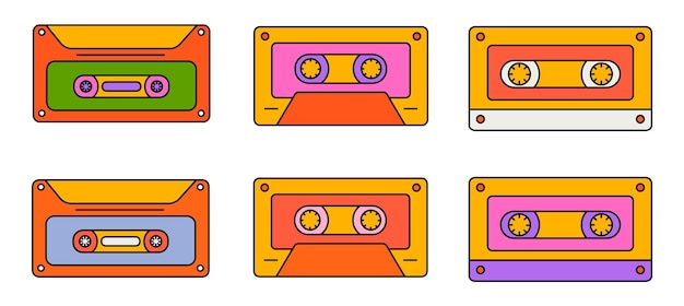 Set di elementi di musica retro hipster di tendenza collezione di adesivi di groovy retrowave clipart collage con tendenza pop vibe con funky elemento di design sfondo adesivo emblema di vetore cartone animato