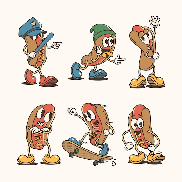 Set di personaggi trendy di hot dog e cartoni animati collezione di arte vettoriale di carattere vintage