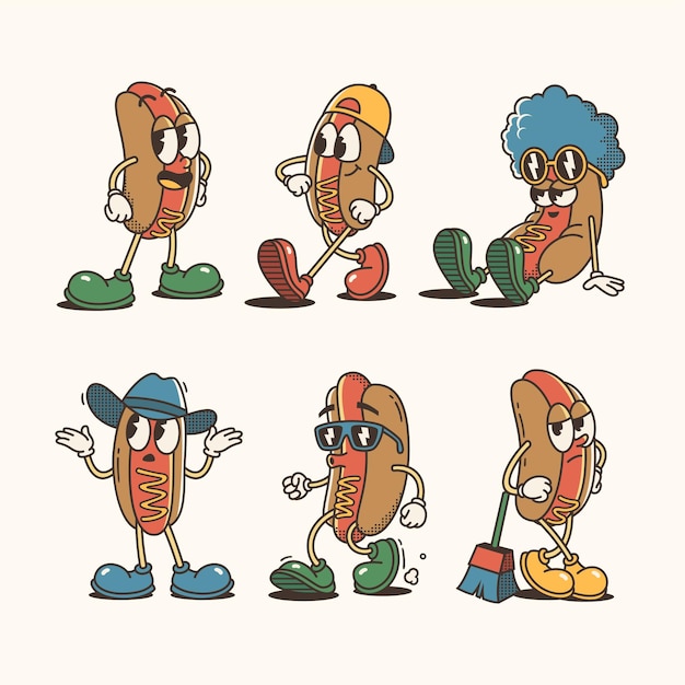 Set di personaggi trendy di hot dog e cartoni animati collezione di arte vettoriale di carattere vintage