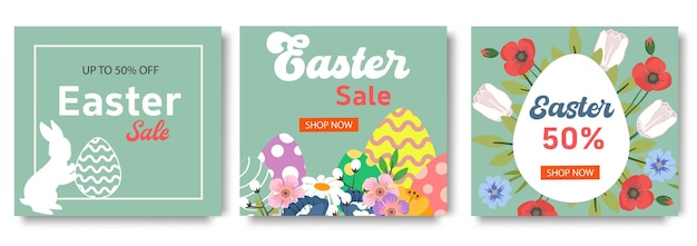 Set of trendy minimal Easter Sale posters with Color Painted Egg Spring Flower and Rabbit