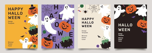 Set of trendy minimal Halloween posters with funny ghosts pumpkins bats and modern typography