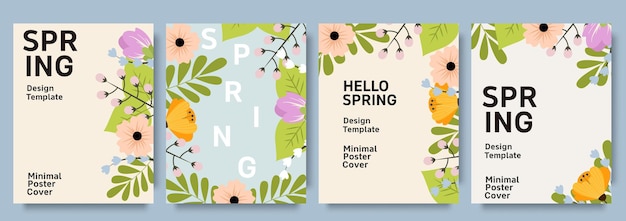 밝고 아름다운 꽃과 현대적인 타이포그래피를 가진 트렌디한 최소한의 봄 포스터 세트