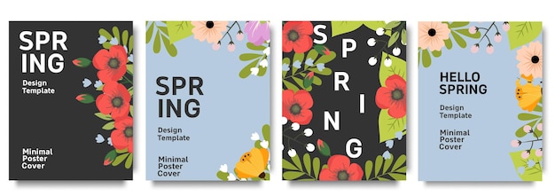 Set trendy minimale voorjaarsposters met heldere mooie bloemen en moderne typografie