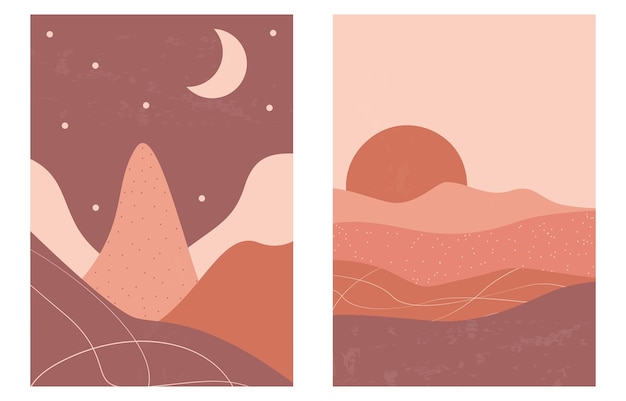 Set di paesaggi minimalisti alla moda collezione di poster boho montagne tramonto scene di paesaggi lunari design per sfondi per social media cartoline stampe