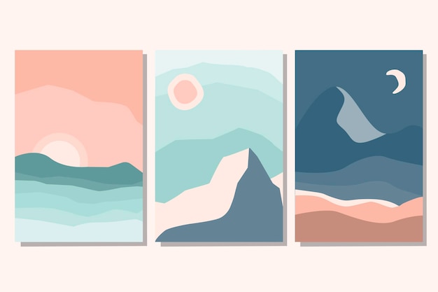 Set trendy minimalistische esthetische landschaps abstracte hedendaagse collage met met zonsopgang, zonsondergang, nacht. Aardetinten, pastelkleuren. Platte vectorillustratie. Sjablonen voor kunstafdrukken, boho wanddecoratie