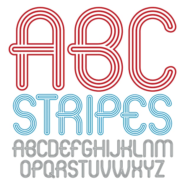 Set of trendy modern vector capital alphabet letters, abc isolated. Disco rounded font for use as business poster design elements. Made with triple stripy decoration.