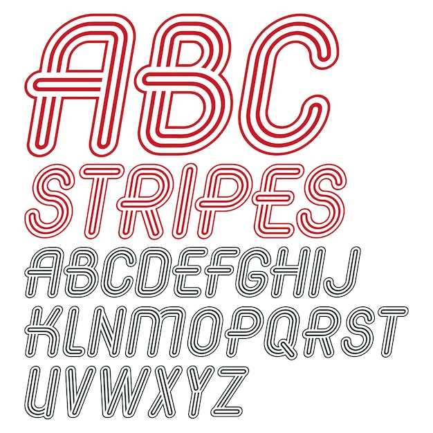 Set of trendy modern vector capital alphabet letters isolated. Disco cursive font for use as business poster design elements. Made with geometric parallel triple lines.