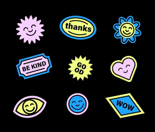 Vector set of trendy neon patches vector design abstract background retro smiley stickers smile badge