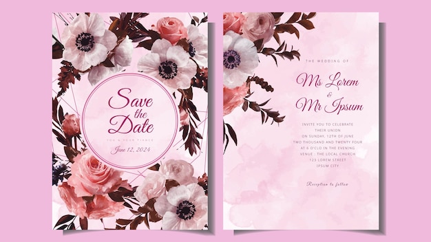 Set of trendy pink card template flowers Wedding ornament invite romantic flowers