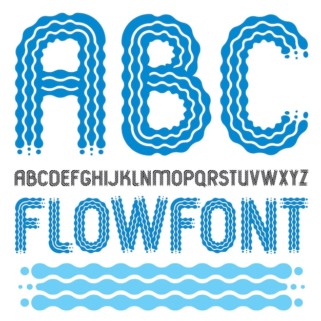 Set of trendy pop vector capital English alphabet letters, abc isolated. Rounded bold retro 70s font, typescript for use in logo design. Made using flow, wavy lines.