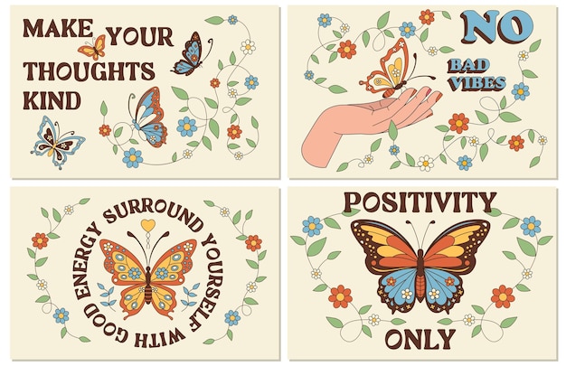 set of trendy posters in retro style groovy covers with butterflies daisy blooming flowers and vibe