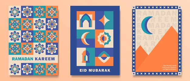 set of trendy ramadan kareem greeting cards with traditional islamic motifs and geometric muslim art