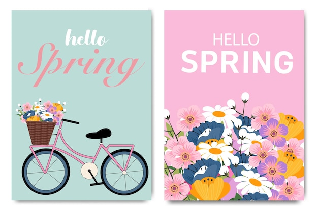 Vettore set di poster di primavera alla moda con bicicletta e bei fiori tipografia moderna sfondo primaverile