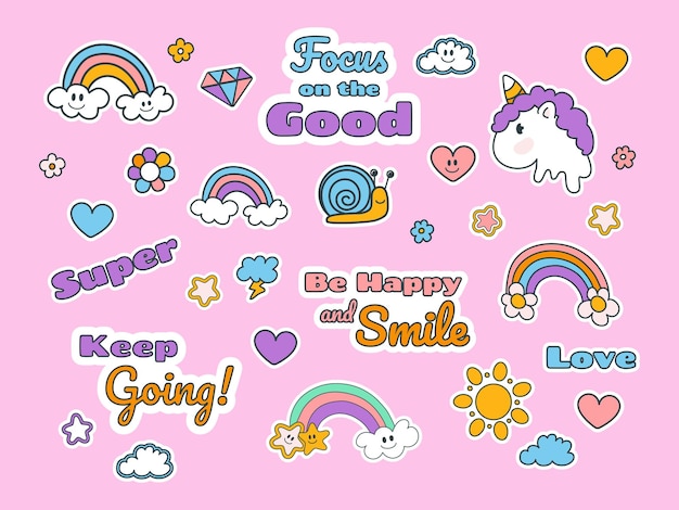 Vector set of trendy stickers in y2k style collection of hand drawn design elements 90s 2000s