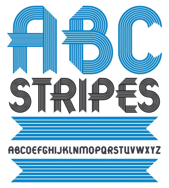 Vector set of trendy vector capital alphabet letters isolated. geometric bold type font, script from a to z can be used for logo creation, newspaper. created using stripy ornate, parallel lines.