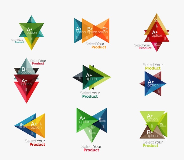 Vector set of triangle layouts with text and options elements of business brochure infographic presentation background and web design navigation template select your product concept make a choice idea