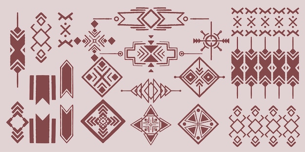 Set of tribal decorative elements isolated on white background Geometric tribal hand drawn Ethnic collection Artistic collection of vector design elements