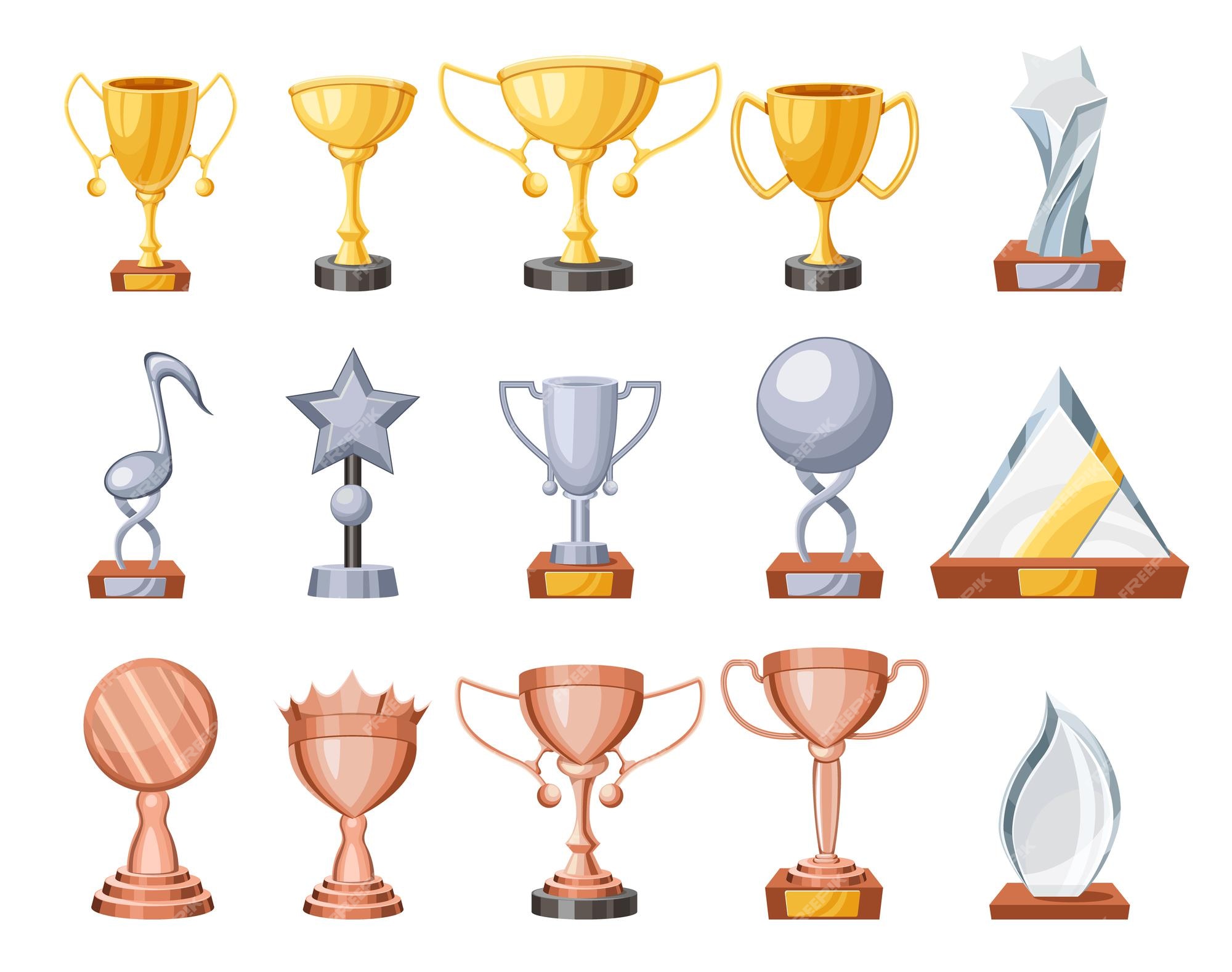 Premium Vector | Set of trophy cups, bronze, silver, golden and glass winner goblet for first place celebration, champion prize award design elements, victory achievement, success items. cartoon vector illustration Premium Vector | Set of trophy cups, bronze, silver, golden and glass winner goblet for first place celebration, champion prize award design elements, victory achievement, success items. cartoon vector illustration