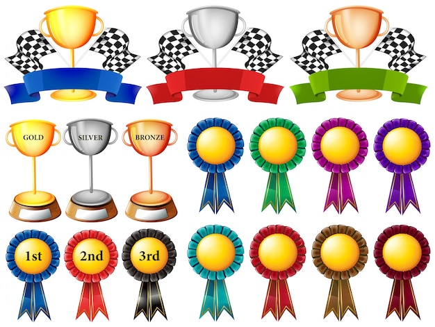 Vector set of trophy and ribbons illustration