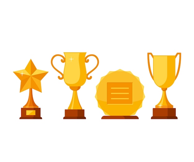 Set trophy winner award collection golden cups and awards prizes and rewards made of gold